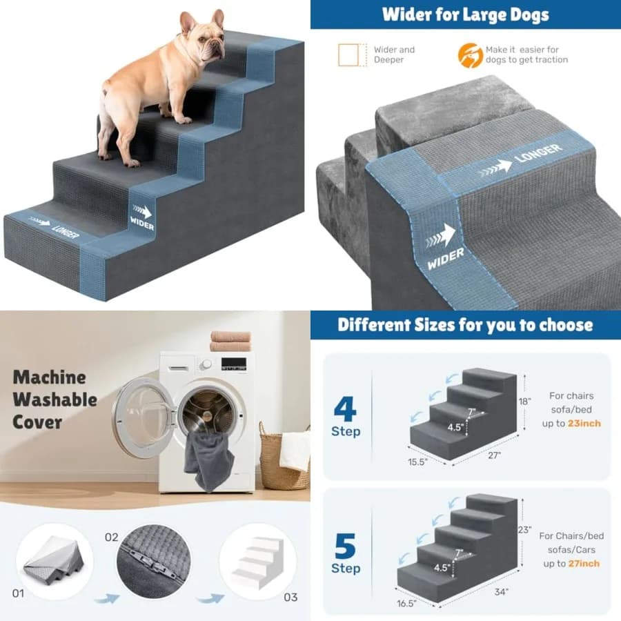 Scaletta per Cani per Letto Alto, 23 Pollici di Altezza, per Cani di Piccola Taglia, 5 Gradini, con Rivestimento Lavabile, Antiscivolo