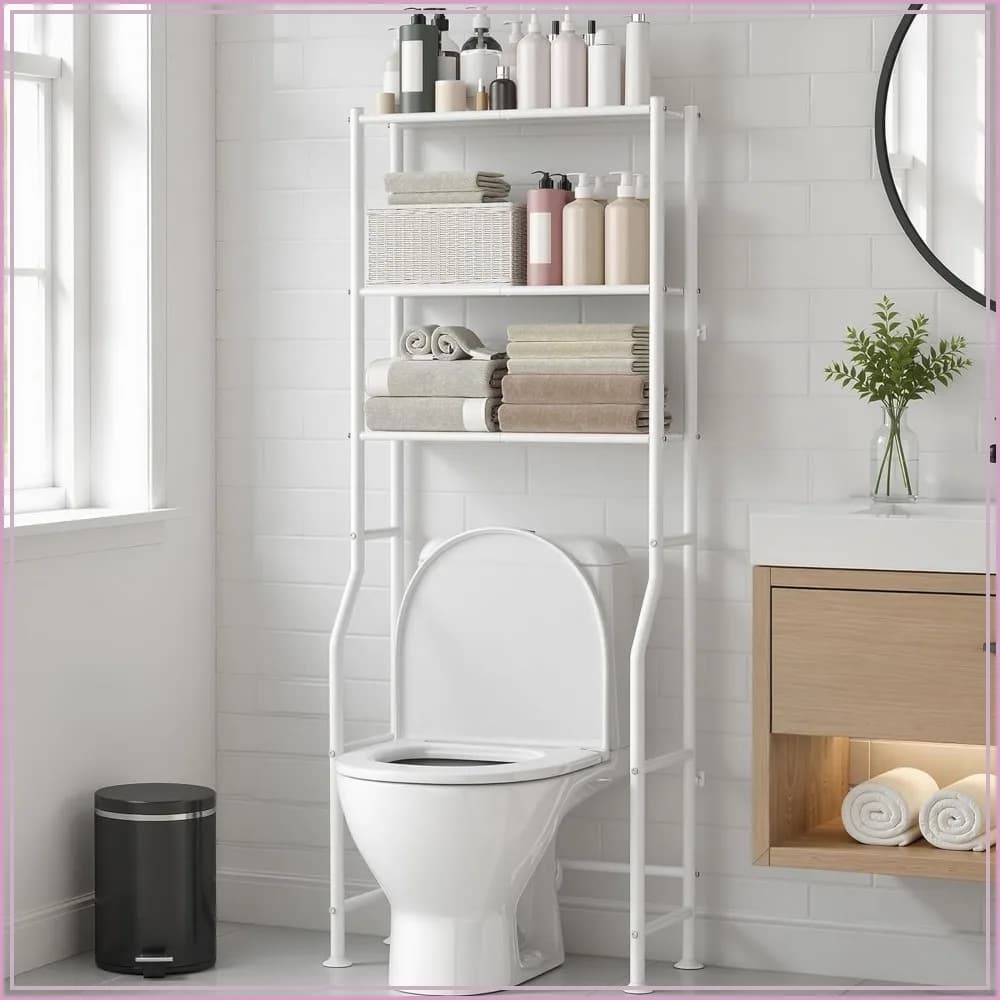 3-Tier Over Toilet Storage Rack, Metal Bathroom Organizer Shelf, Freestanding Space Saver for Bathroom/Laundry/Living Room, White