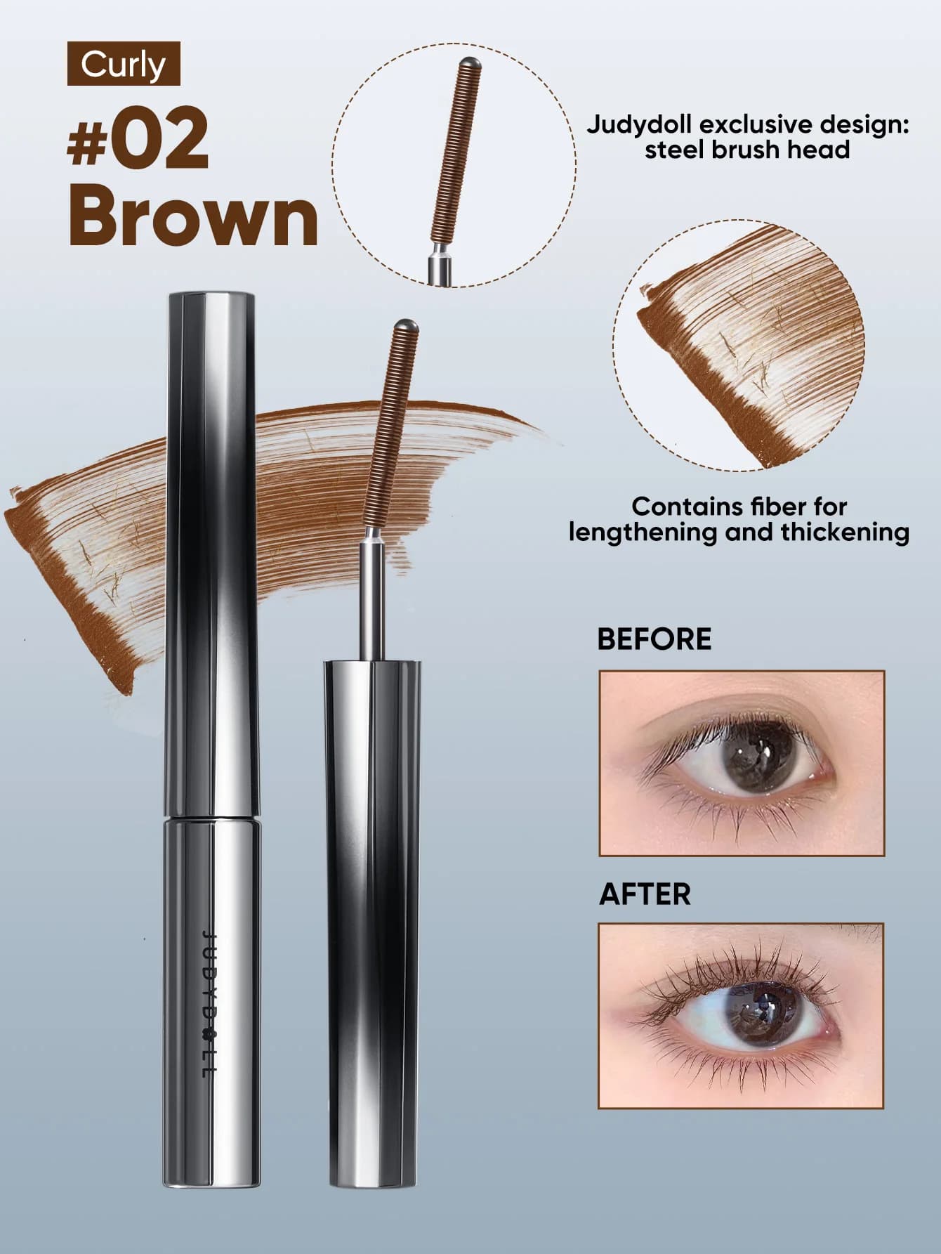 Judydoll 3D Stereo Curling Metal Brush Mascara, Waterproof Smudge Proof Lash Lengthening Volumizing, Long Lasting No Clumping