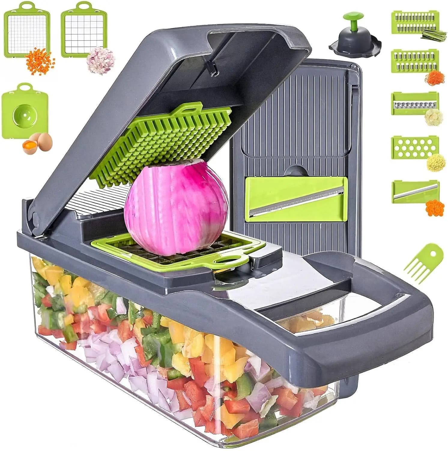 Affettatrice per Verdure 13-in-1 – Include 7 Lame Intercambiabili e un Set Tritaverdure per Tagliare a Cubetti le Cipolle