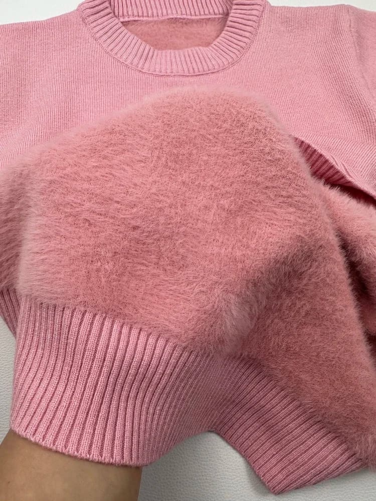 Maglione invernale rosa Donna Addensare caldo pullover lavorato a maglia Morbido peluche foderato in pile Sueter O-Collo Malhas Top New Slim Maglieria Jersey