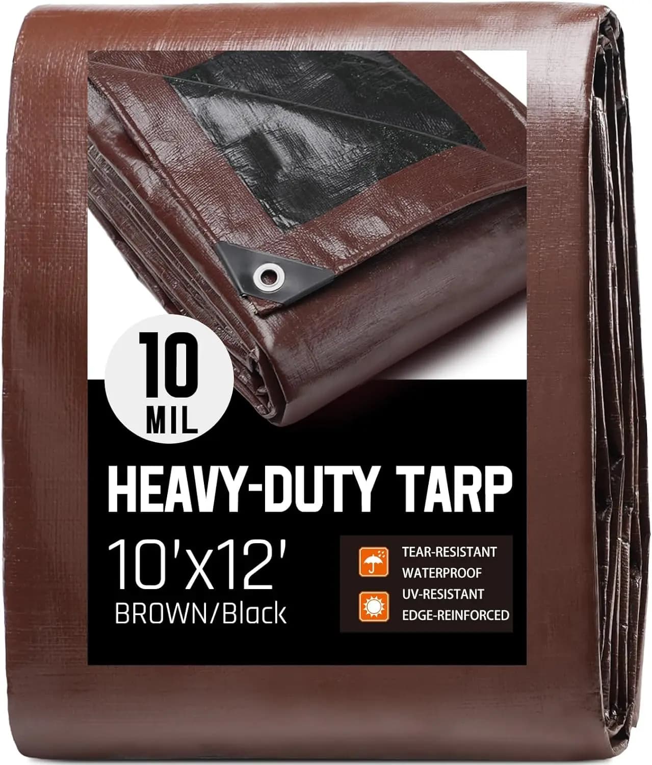 Heavy Duty Waterproof Tarp 10x12 ft, 10 Mil Thick for Outdoor Camping Tent Roof Boat Patio Cover, Brown/Black