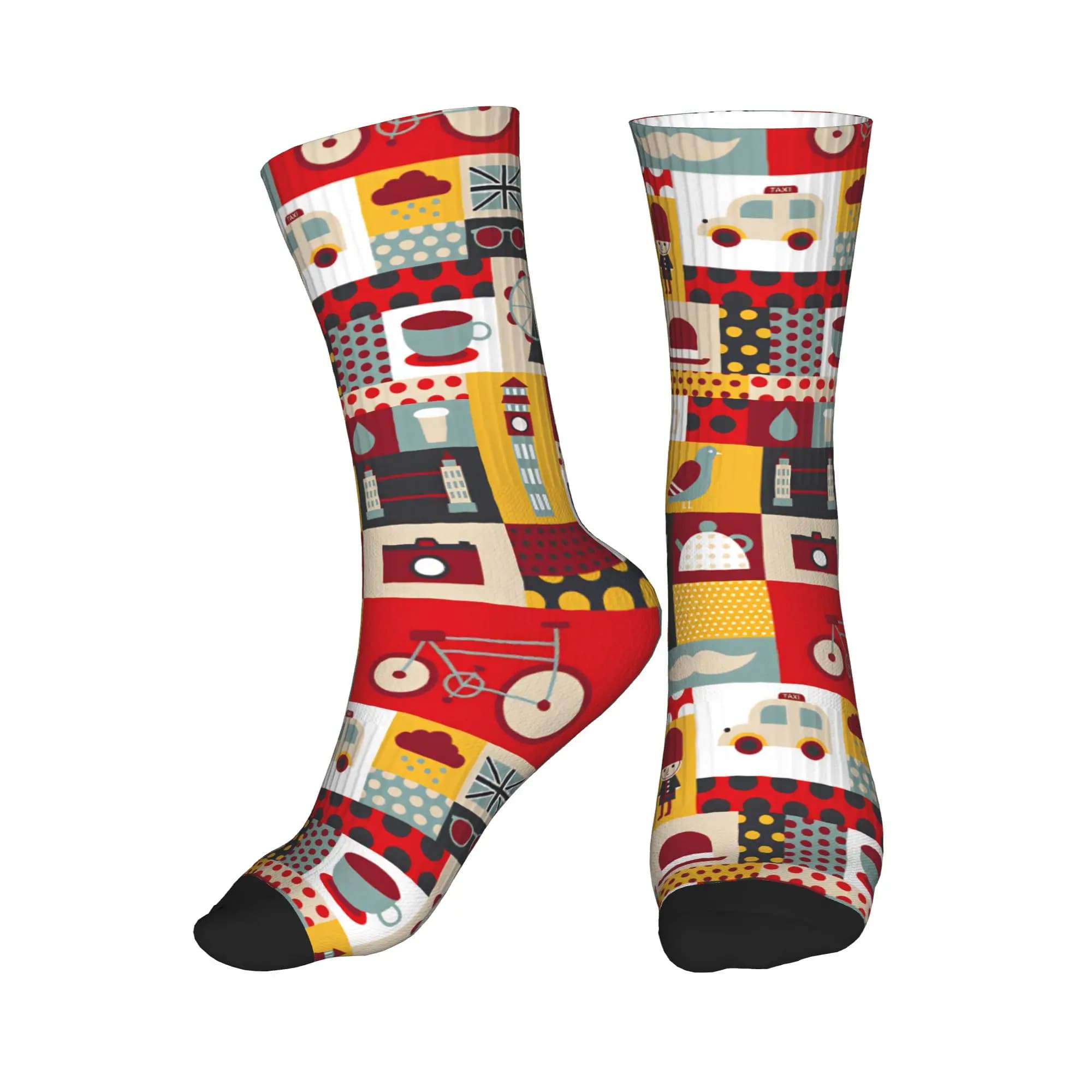 Cute Printed Geometric Retro London UK Travel Patchwork Socks for Men Women Stretchy Summer Autumn Winter Crew Socks