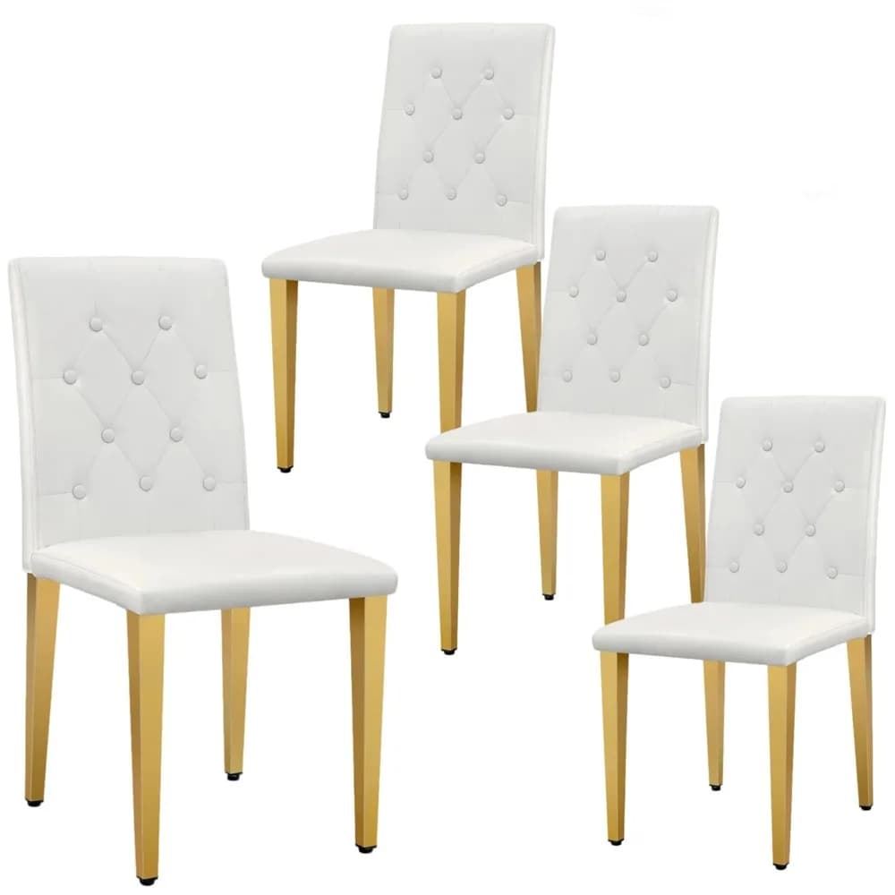 Set di 4 Sedie da Pranzo Moderne, Sedie Imbottite Stile Parsons con Bottoni e Gambe in Metallo Dorato, PU Bianco, Personalizzabili