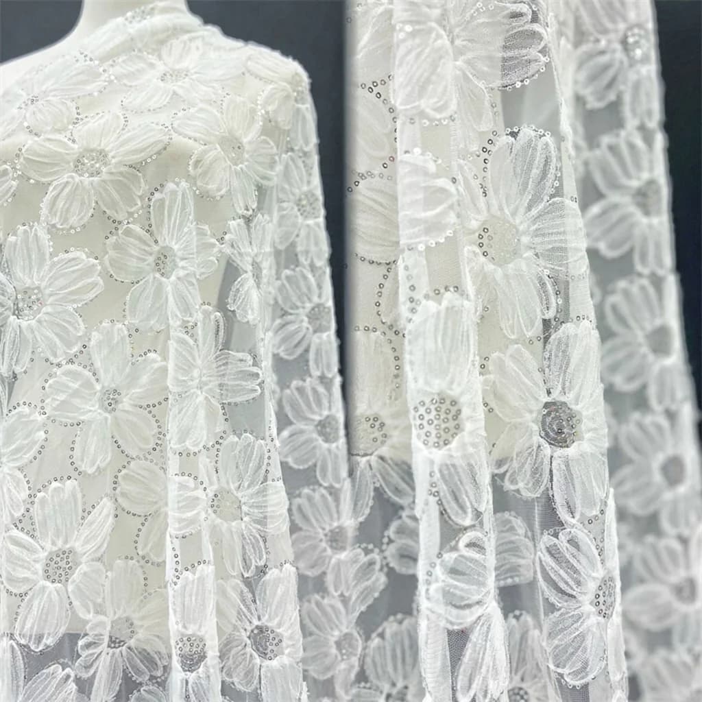 130cm Wide 3D Sunflower Cord Embroidery FabricTextured Material for Women's Dresses and Wedding Gowns F049