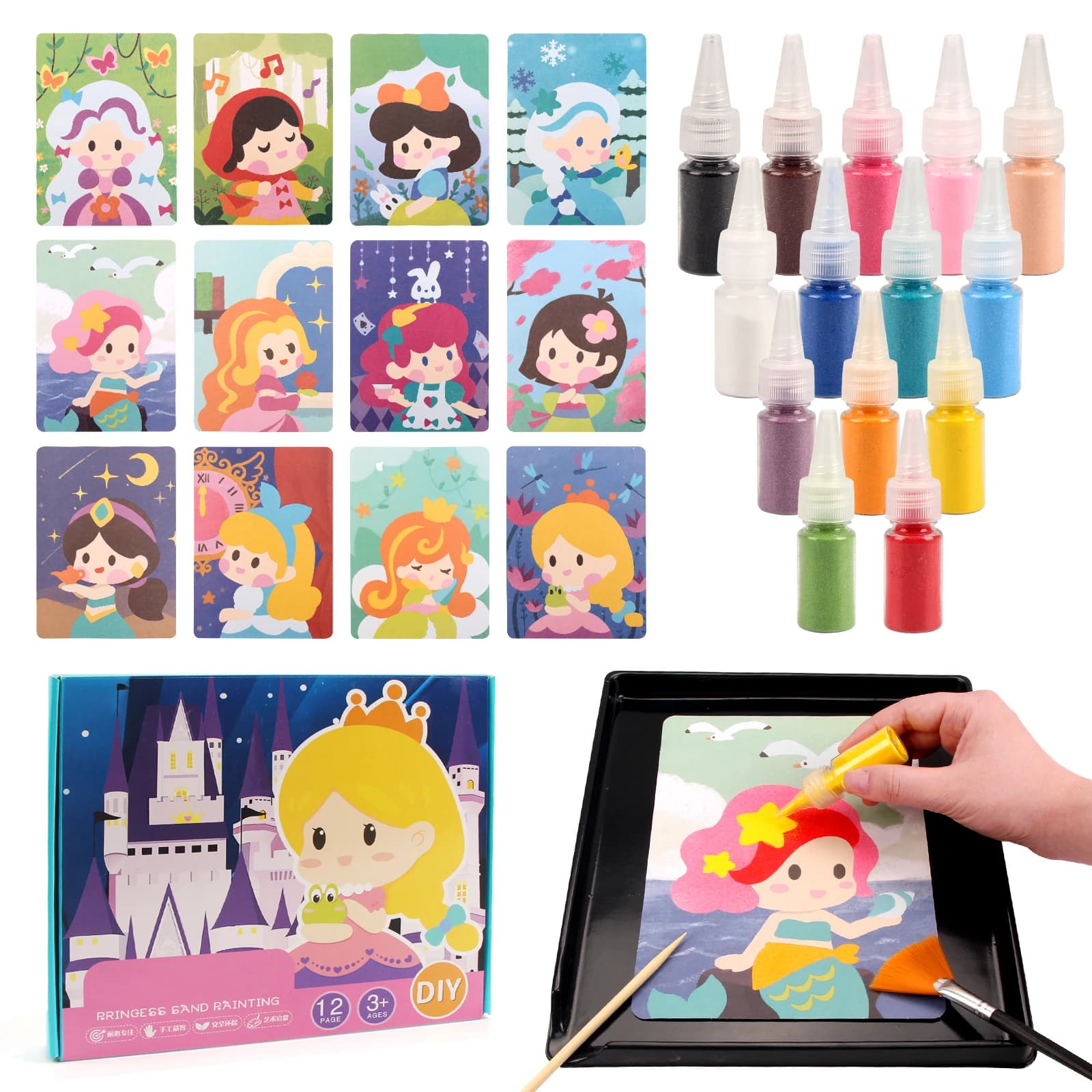Kit per l'arte della sabbia fai da te, 12 carte da colorare con sabbia a tema principesse, 14 colori, giocattoli Montessori educativi per bambini, idee regalo