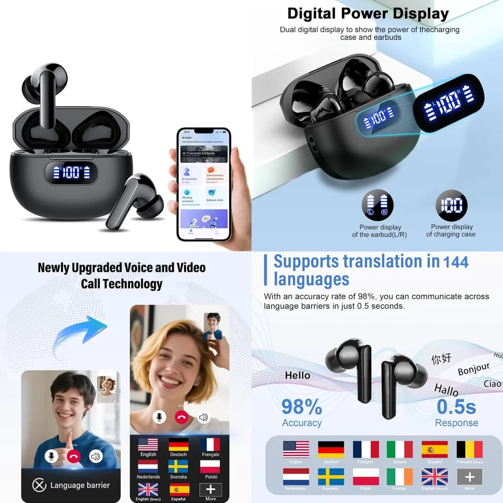 Cuffie per Traduzione Linguistica Online, Auricolari Wireless BT 5.4 TWS con Display LED, Traduzione in Tempo Reale per Affari, di Tendenza