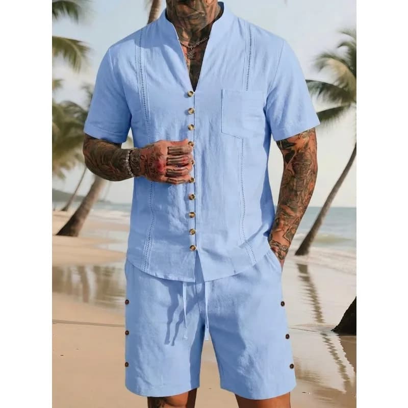 Completi da uomo in lino a 2 pezzi, camicia a maniche corte con colletto alla coreana e pantaloncini, set casual.