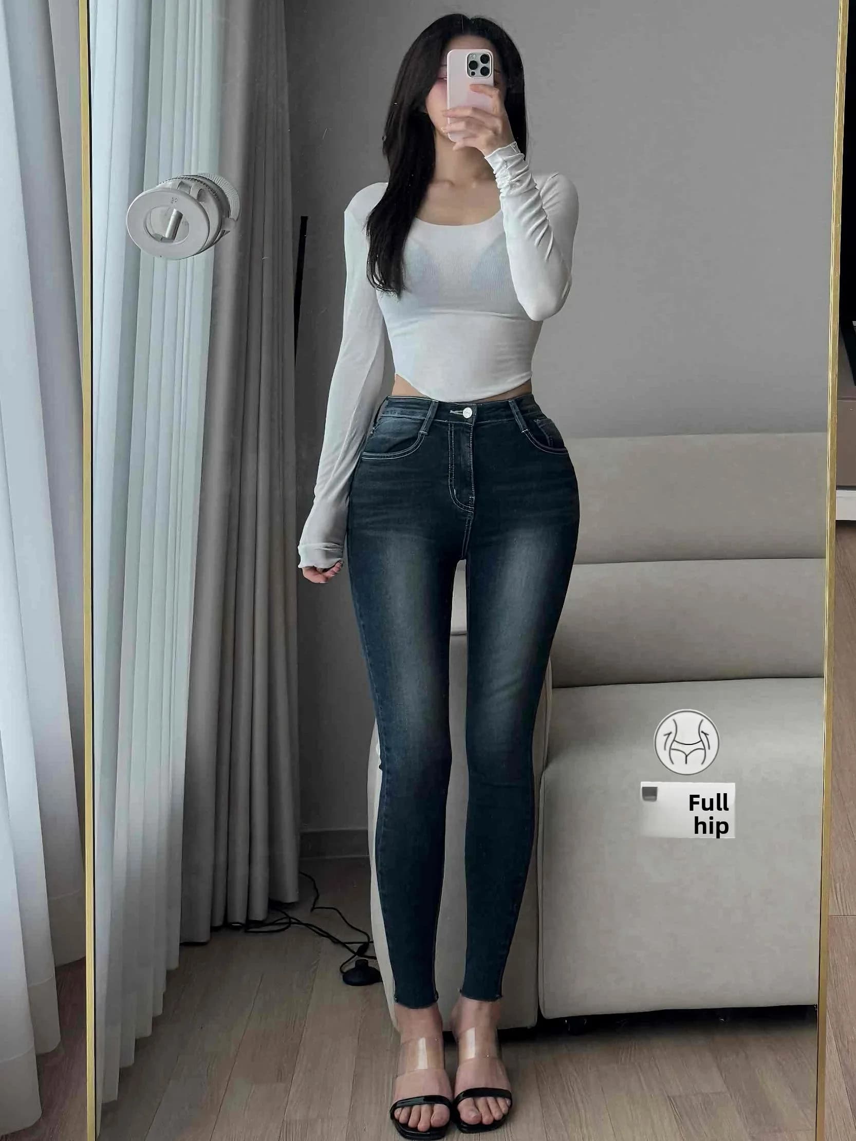 High Waist Slim Fit Denim Pants Women's Full Hip Nine Points Tight Jeans Stylish Zipper Closure Autumn Season Girls Fashion