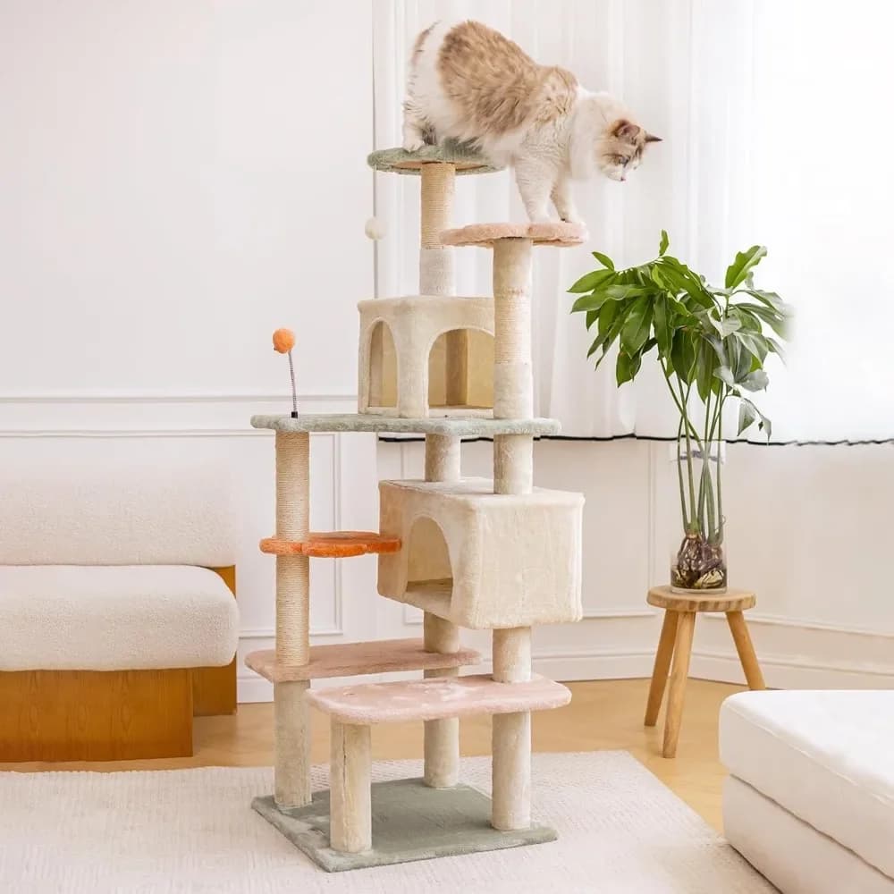 HYABi Torre per albero per gatti con fiori da 59 pollici - Condo per gatti multilivello con tiragraffi in peluche, palline giocattolo e casetta per animali domestici, giochi al coperto P