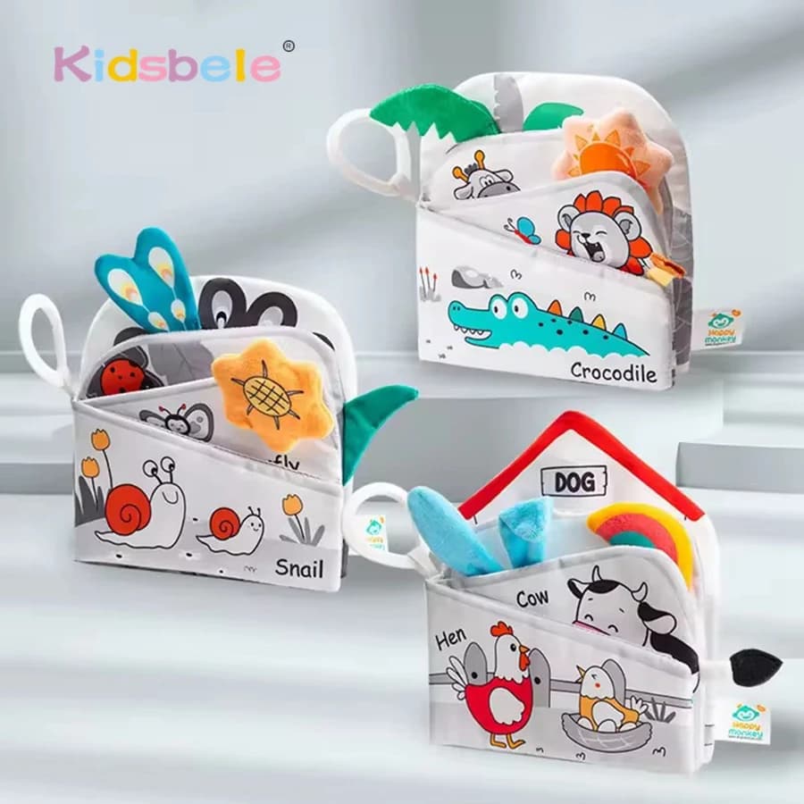 Libro in stoffa increspata per bambini con accessori per animali di peluche Apprendimento sensoriale Montessori, libri soft touch per neonati 0-36 mesi