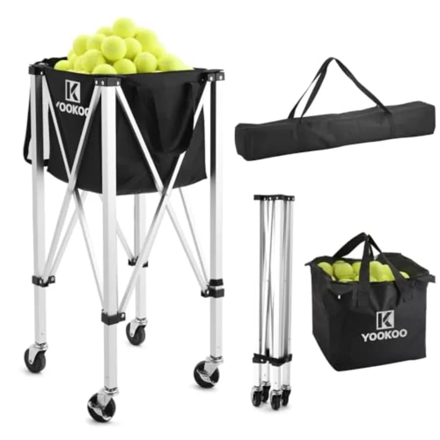 Cesto Portapalle da Tennis per 150 Palline, Carrello Pieghevole per Allenamento del Servizio con Borsa Portaoggetti, Portatile