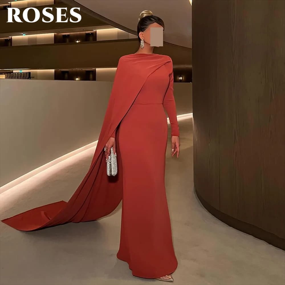 ROSES Rust Simple Evening Dress Asymmetric Cape Sleeve Party Dress Long Sleeve Prom Gown Trumpet Satin robes du soir Customized
