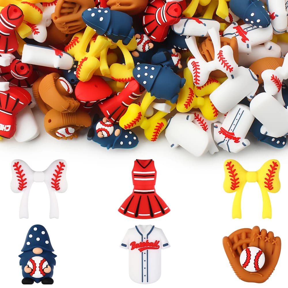 5/10/20/50 pezzi di perline in silicone a tema baseball 3D, adatte per eventi sportivi, gioielli, penne con perline, collane, perline decorative
