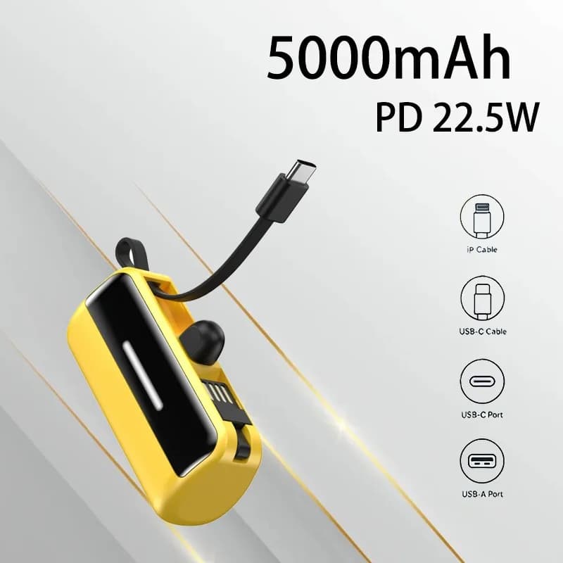 Power Bank Mini Capsule da 5000mAh con ricarica rapida PD20W, cavo integrato, caricabatterie portatile di emergenza, facile da trasportare per i viaggi