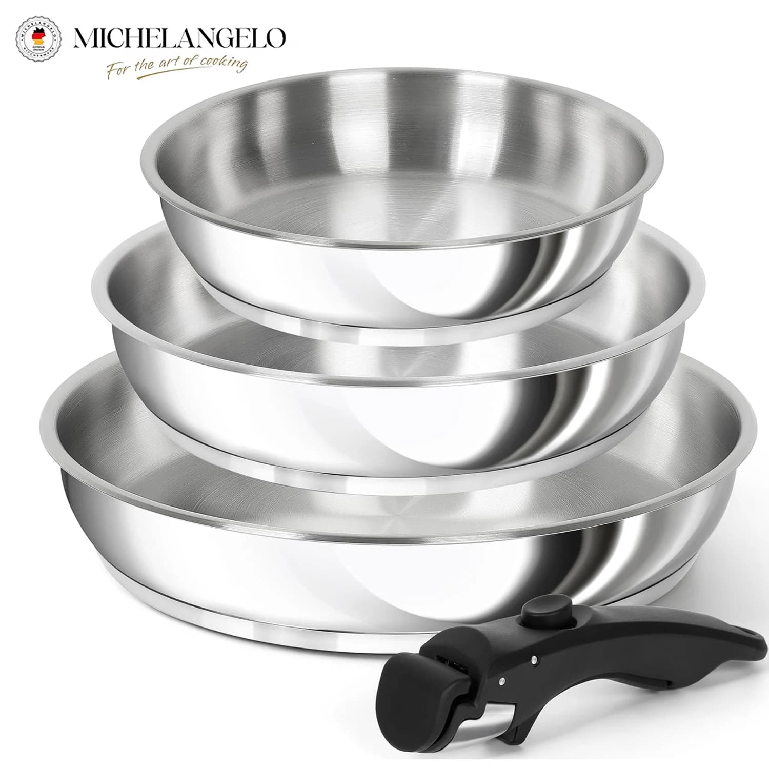MICHELANGELO Stainless Steel Frying Pan Set 8/9.5/11Inch Cooking Pans with Removable Handle Induction Compatible
