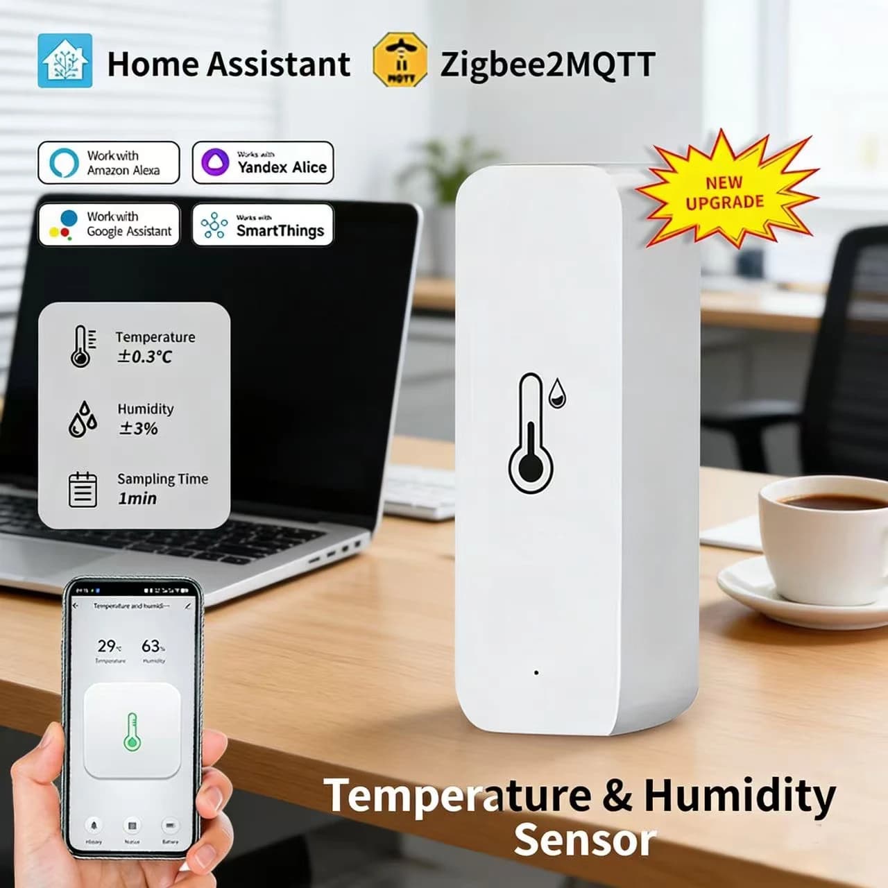 Monitor di Temperatura e Umidità Zigbee 3.0 2MQTT Aggiornato con Campionamento Ogni 1 Minuto, Compatibile con Google Assistant e SmartThings
