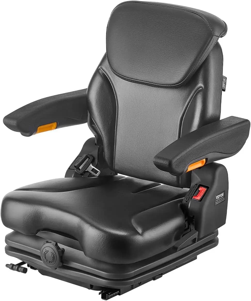 Sedile Universale per Carrello Elevatore, Sedile a Sospensione per Trattore con Schienale Regolabile, Braccioli, Poggiatesta e Cintura di Sicurezza, Sedile Pieghevole Sicuro per Trattore
