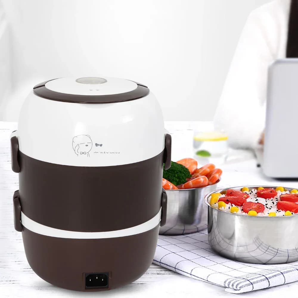 Lunch Box elettrico portatile a 3 strati: pentola a vapore e cuociriso in acciaio inossidabile da 2 litri, resistente alle temperature e non tossico per l'ufficio