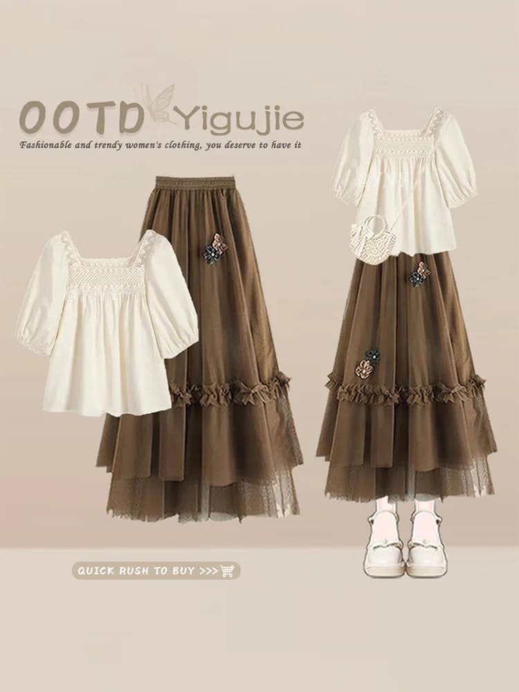Set gonna a mezza lunghezza in chiffon con decorazioni floreali e camicetta a maniche a palloncino, gonna midi a vita alta, completo estivo alla moda per donna