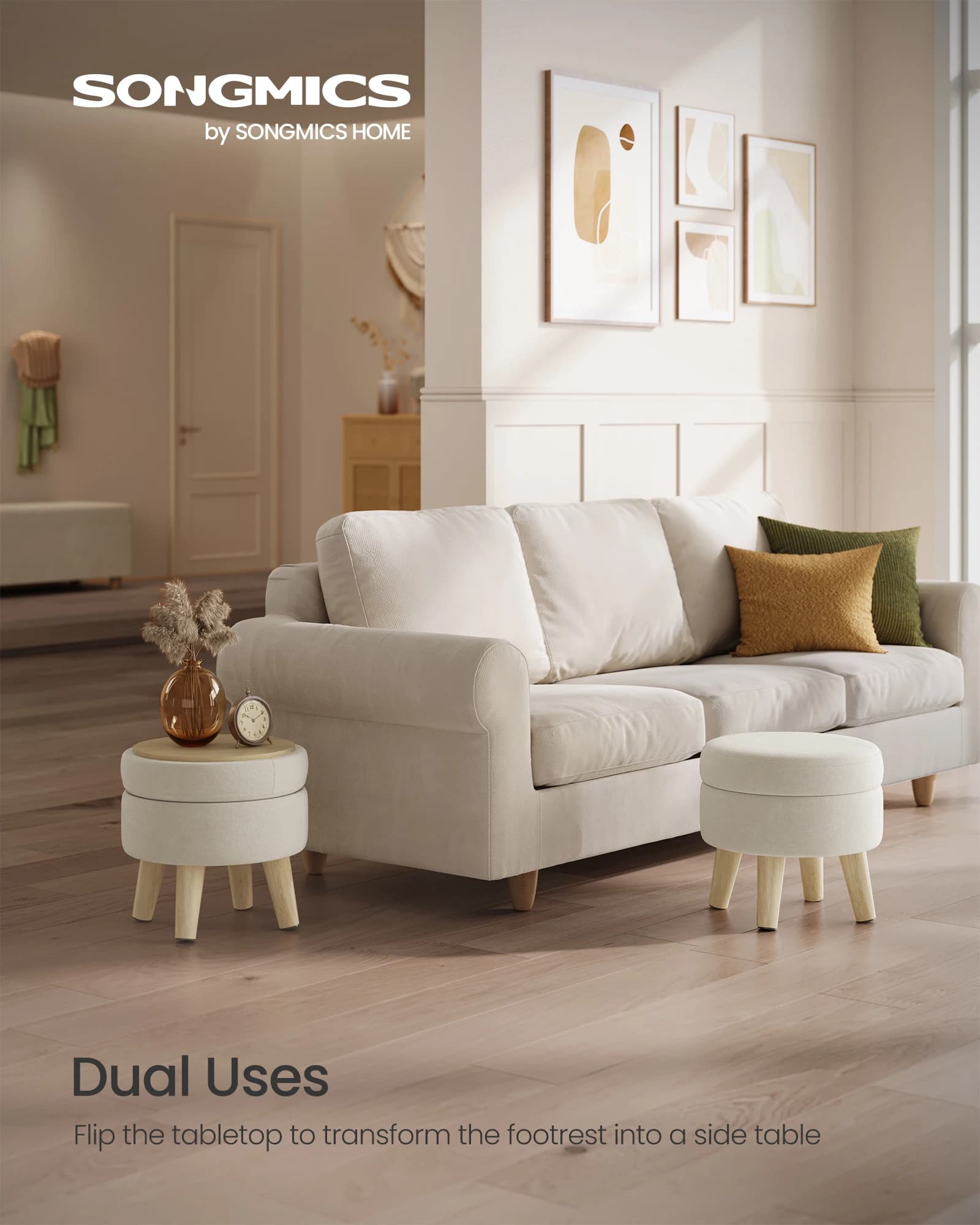 Pouf contenitore SONGMICS, poggiapiedi, pouf rotondo con seduta imbottita, poggiapiedi con gambe in legno, tavolino, per corridoio, soggiorno