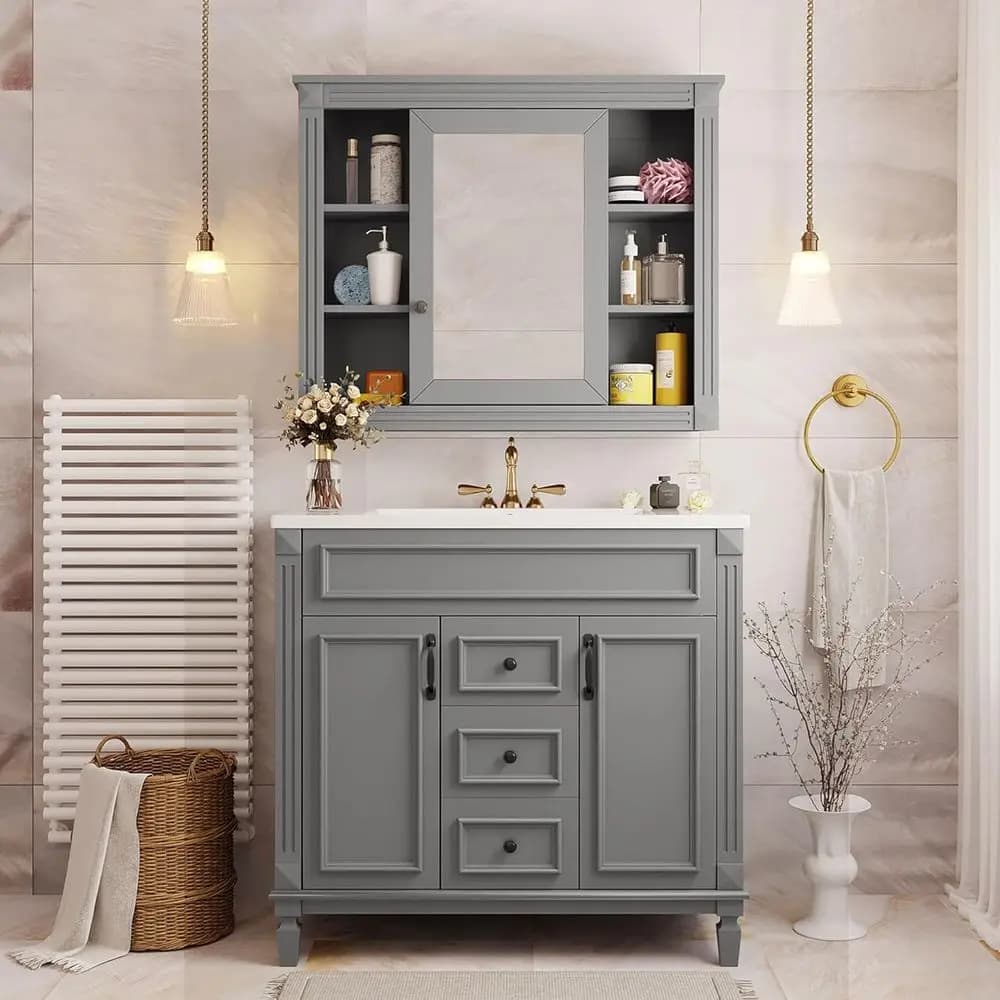 Mobile Bagno Tradizionale da 36 Pollici con Armadietto a Specchio e Lavabo in Ceramica