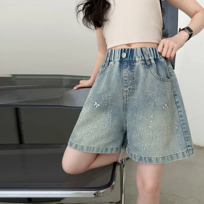 Pantaloncini in denim UNITIM per bambina, estivi, casual, con stampa a fiocco, per ragazze dai 4 ai 14 anni, pantaloncini per ragazze adolescenti