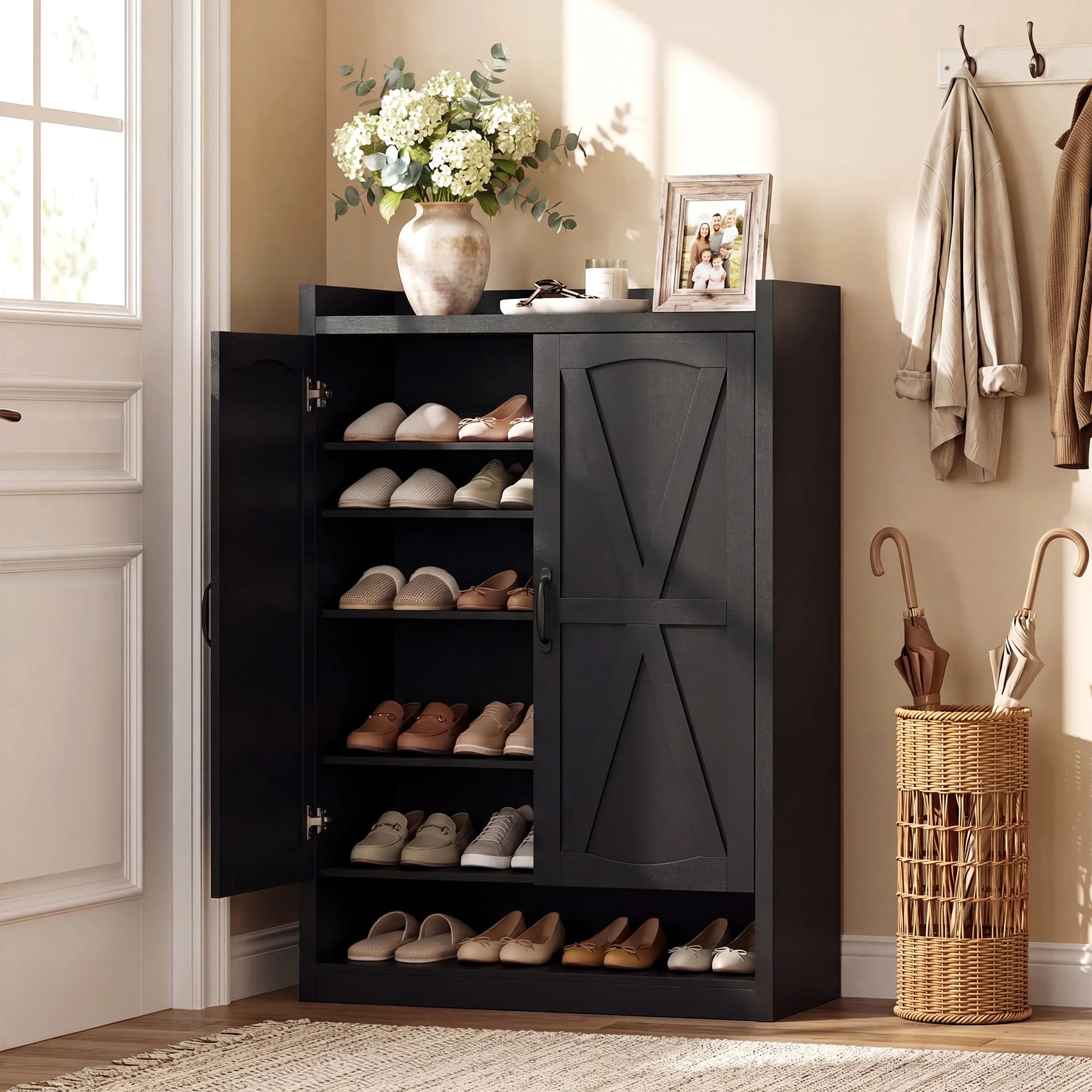 TCGBKAF 7-Tier Black Shoe Cabinet Narrow Shoe Storage Rack with Adjustable Shelves Anti-Tipping Device & Doors Shoe Organizer for Entryway Hallway Foyer