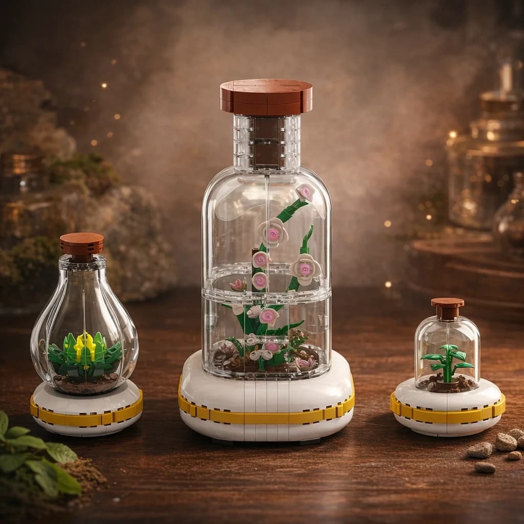 MOC Glass Terrarium Building Blocks, DIY Miniature Plant Models, Creative Flower and Plant Display for Adults & Kids