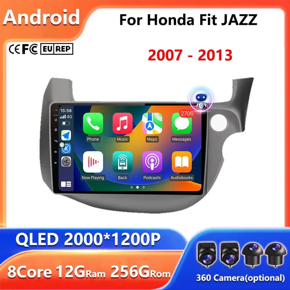 Wireless Carplay 10 '' For Honda Fit JAZZ 2007 - 2013 Android 16 Car Audio Multimedia Player DSP Stereo QLED Screen 4G GPS WiFi