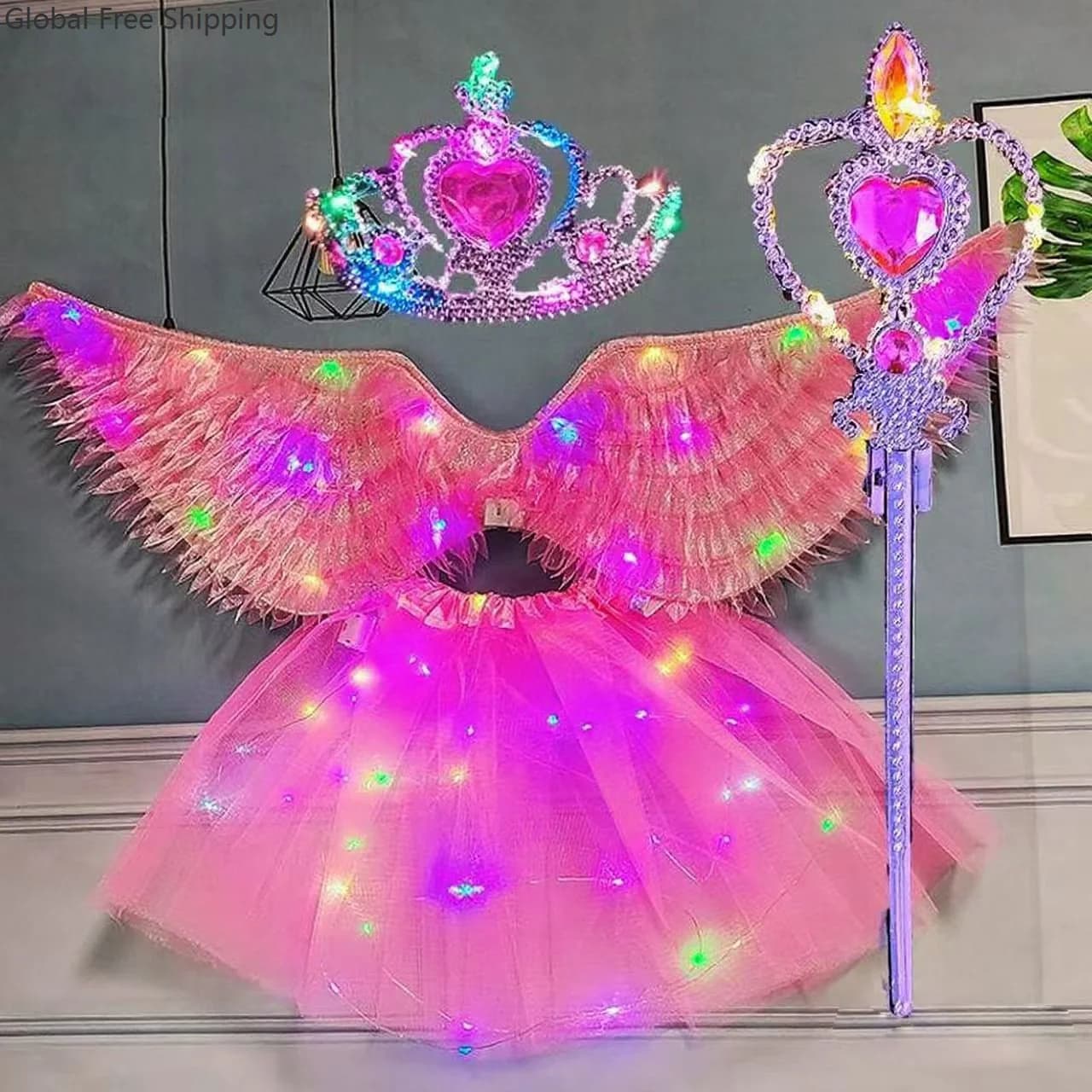 Children's Light-up Wings Tulle Skirt Angel Outfit Girl Ballet Tulle Sparkly Short Skirt Cosplay Birthday Party Magic Fairy Set