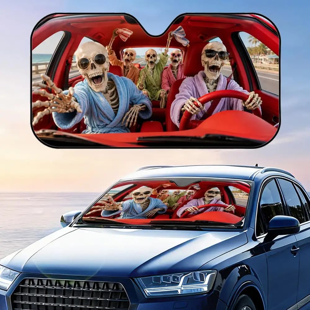 Funny Skeleton in Bathrobe Sun Visor Car Windshield Sunshade UV Protection Reflective Foldable Heat Insulation Cover