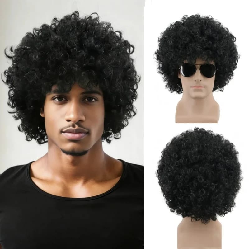 Uomo Donna Soffici Capelli corti ricci Parrucche sintetiche Cappello Berretto Hippie Disco Stile punk Parrucche afro Parrucca per feste cosplay di Halloween Copricapo