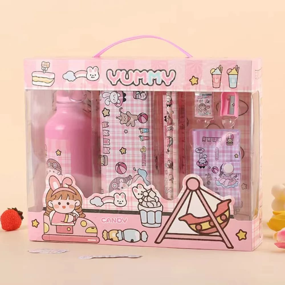 Pencil Eraser 8 in 1 Stationery Set Ruler Notebook Pencil Sharpener Students Prize Set Kawaii Water Bottle