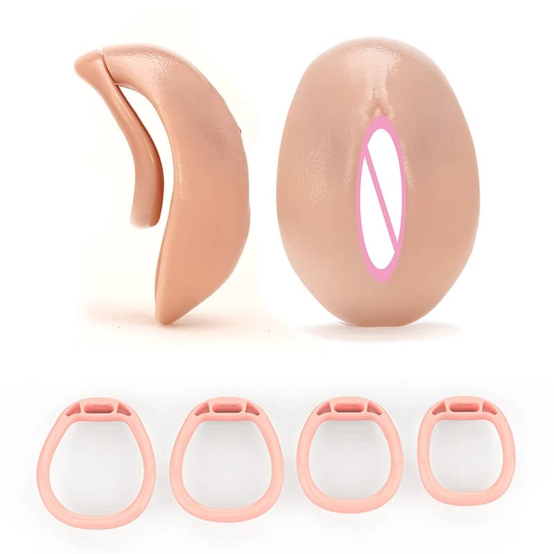 Gabbia di castità realistica con foro per fica con anelli per pene di 4 dimensioni per uomini Curva struttura della vagina Blocco del cazzo Bondage Giocattoli del sesso per uomini gay