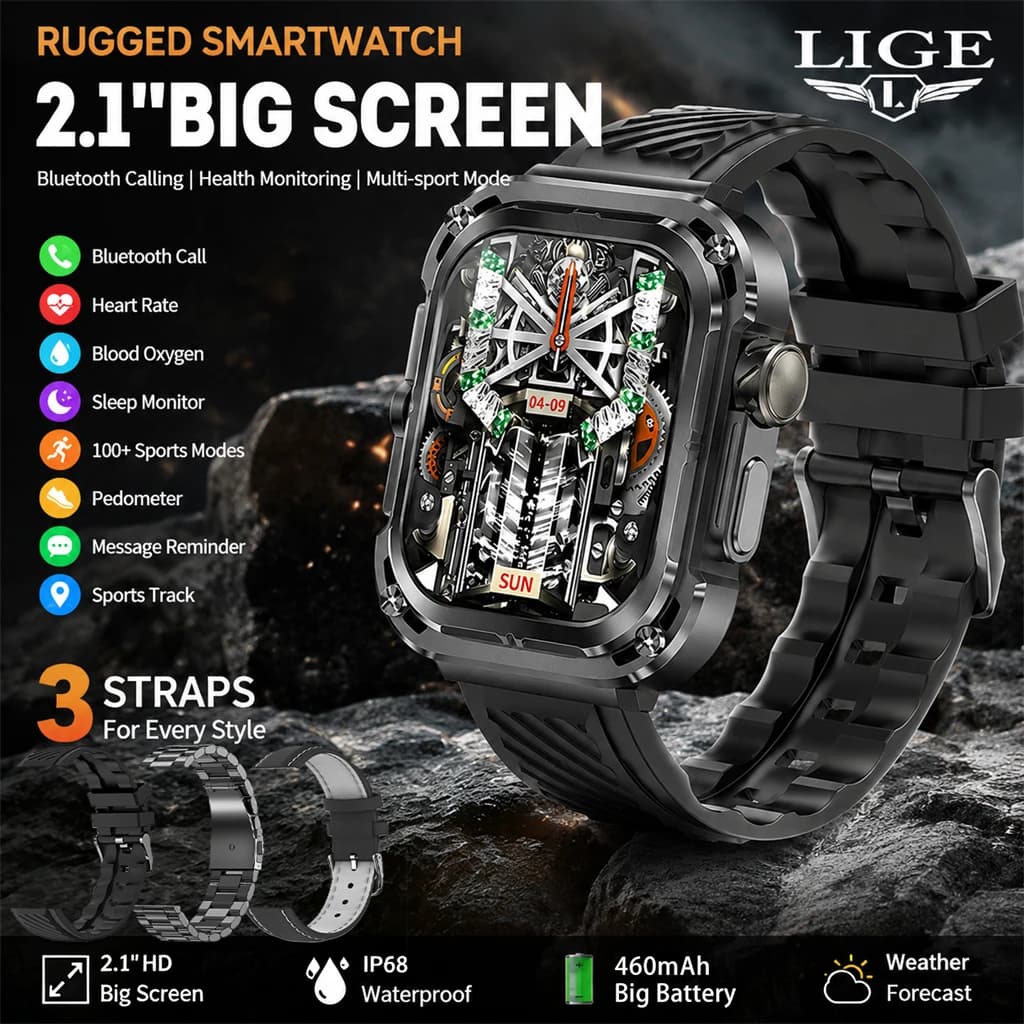 LIGE Outdoor 2.1" Men's Smartwatch Health Monitor Fitness Clock Wireless Call Sport Wrist Smart Watches for Men iOS Android 2026