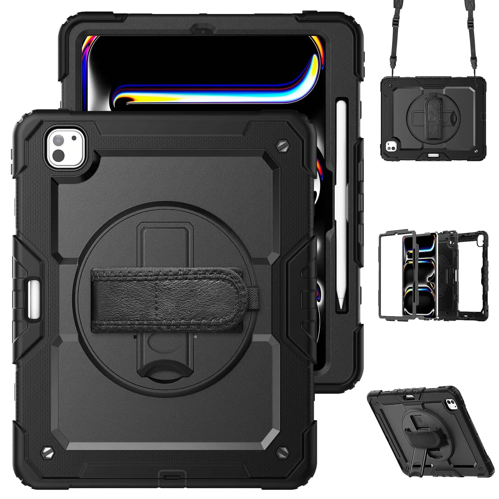 Per iPad Pro 13 pollici (M4) 2024, custodia protettiva antiurto in Silicone di grado militare con portamatite + custodia per tracolla con maniglia