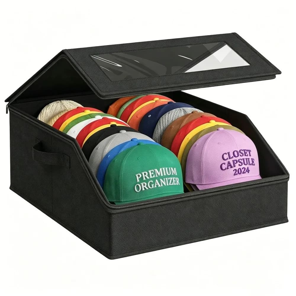 Clear Window Hat Storage Box 24 Cap Capacity Handheld Stackable Hat Organizer Non-woven Space-Saving Cap Storage Case