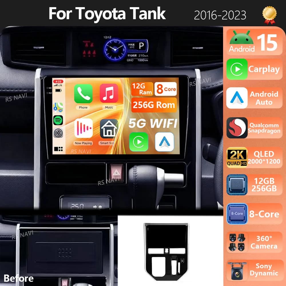 Autoradio Android 15 con Carplay Auto, Schermo QLED 2K Qualcomm per Toyota Tank 2016-2023, Stereo DSP, BT, 4G, Navigazione, Wifi, DVD