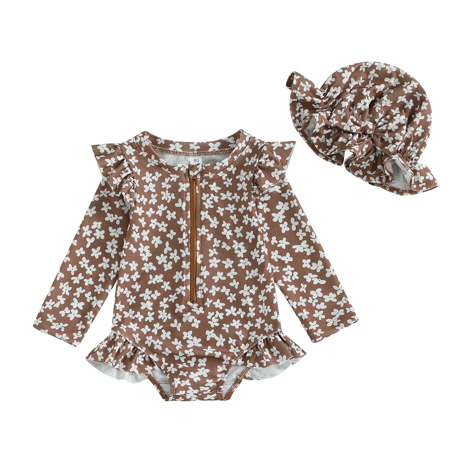 Two-piece swimsuit, crew neck, floral print, long sleeve, zipper, bathing suit, bathroom headset, baby beach set