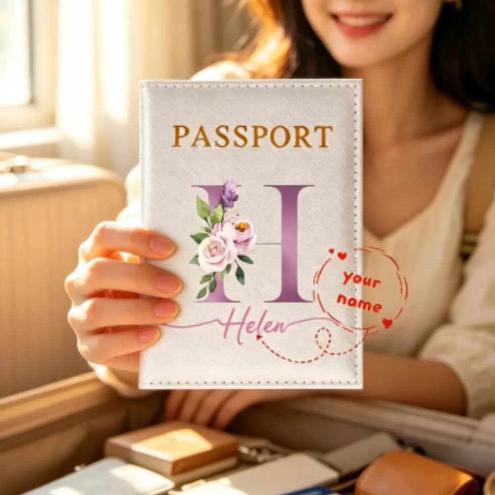 Personalized Floral 26 Initials PU Passport Holder, Ultra Thin Customized Name Travel Wallet Christmas Gifts for Family Members