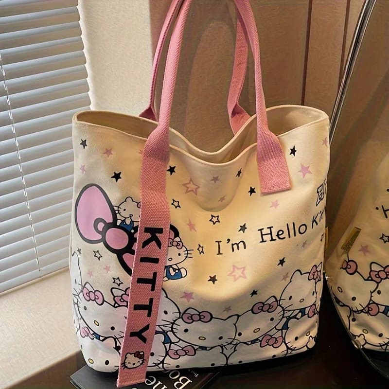 Kawai Sanrio Hello Kitty Canvas Shoulder Bag - Large Capacity Handbag, Backpack, School Bag, Girls' Birthday Gift