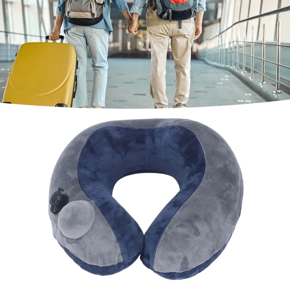 Cuscino da Viaggio Autogonfiabile Curvo Blu Scuro con Grigio, Cuscino Cervicale Gonfiabile Portatile con Borsa per il Trasporto