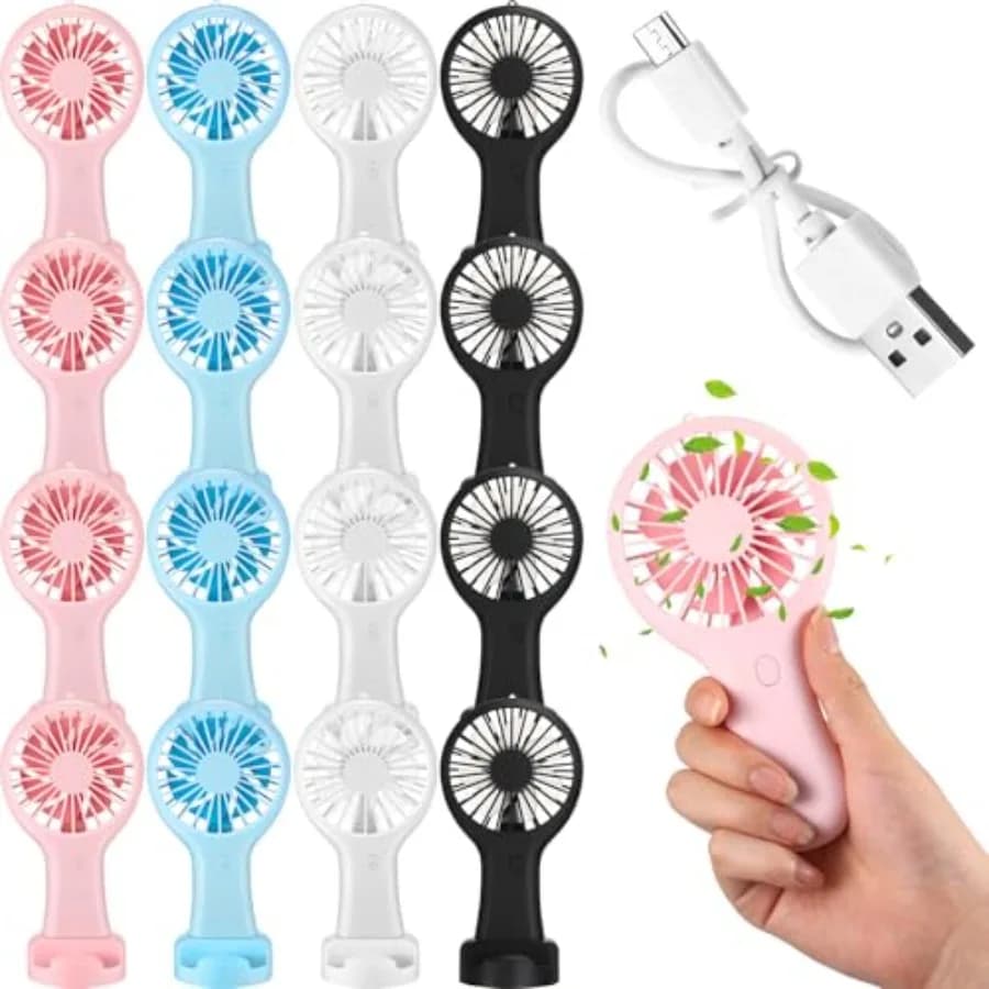 12 Pcs Mini Handheld Fan Bulk 3 Speed USB Electric Battery Operated Small Portable Pocket Fan with Data Cable and Mounting Base