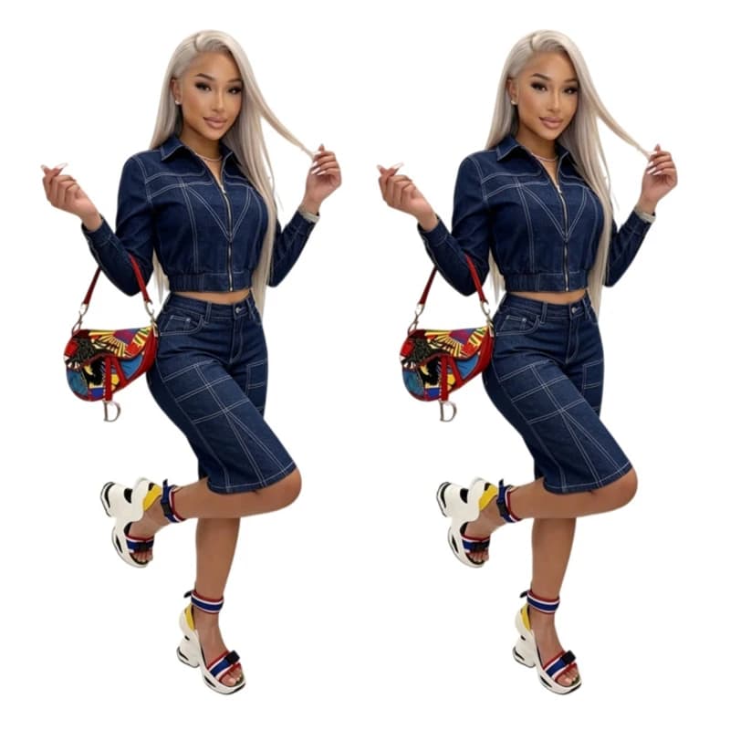Women Denim 2 Piece Outfit Contrast Stitch Zip‑Up Crop Jacket High Waist Knee‑Length Straight Pants Y2K Streetwear Matching Set