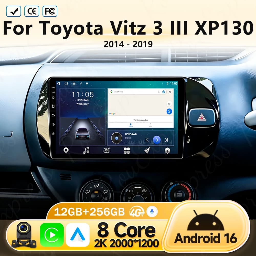 Autoradio Android 16 Carplay con Schermo 2K per Toyota Vitz 3 III XP130 2014-2019, Lettore Multimediale GPS 4G WIFI DVD