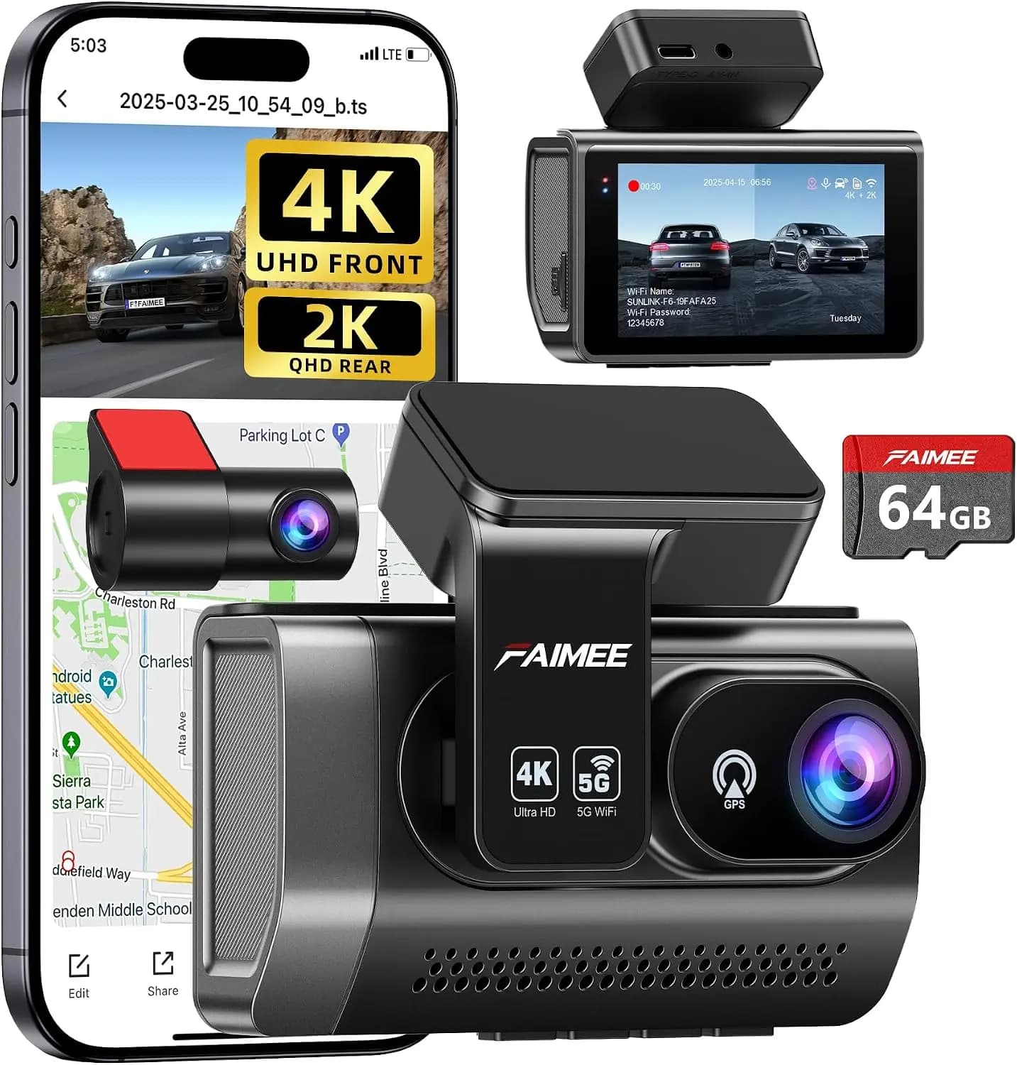 4K+2K Dual Dash Cam, 170° Wide Angle, Night Vision, Built-in GPS, 64GB Card, 24H Parking Mode