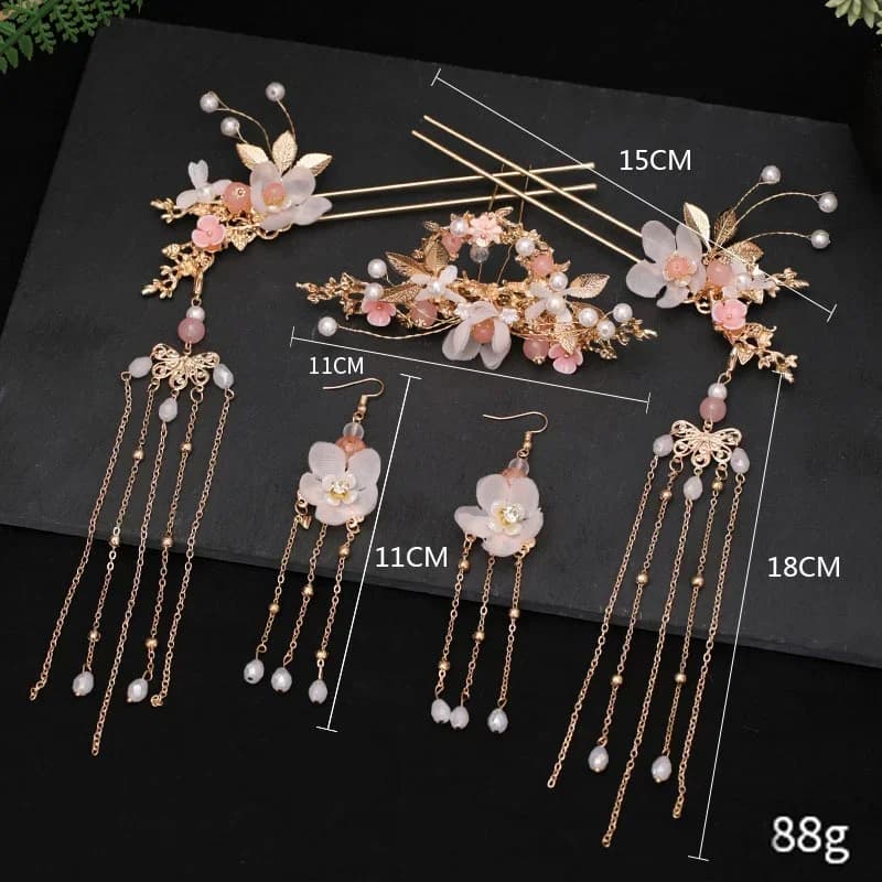 China Classical Long Fringed Hairpin Earrings Jewelry Set Show Clothing Headgear Accessories Women Fashion Head Decoration Tools