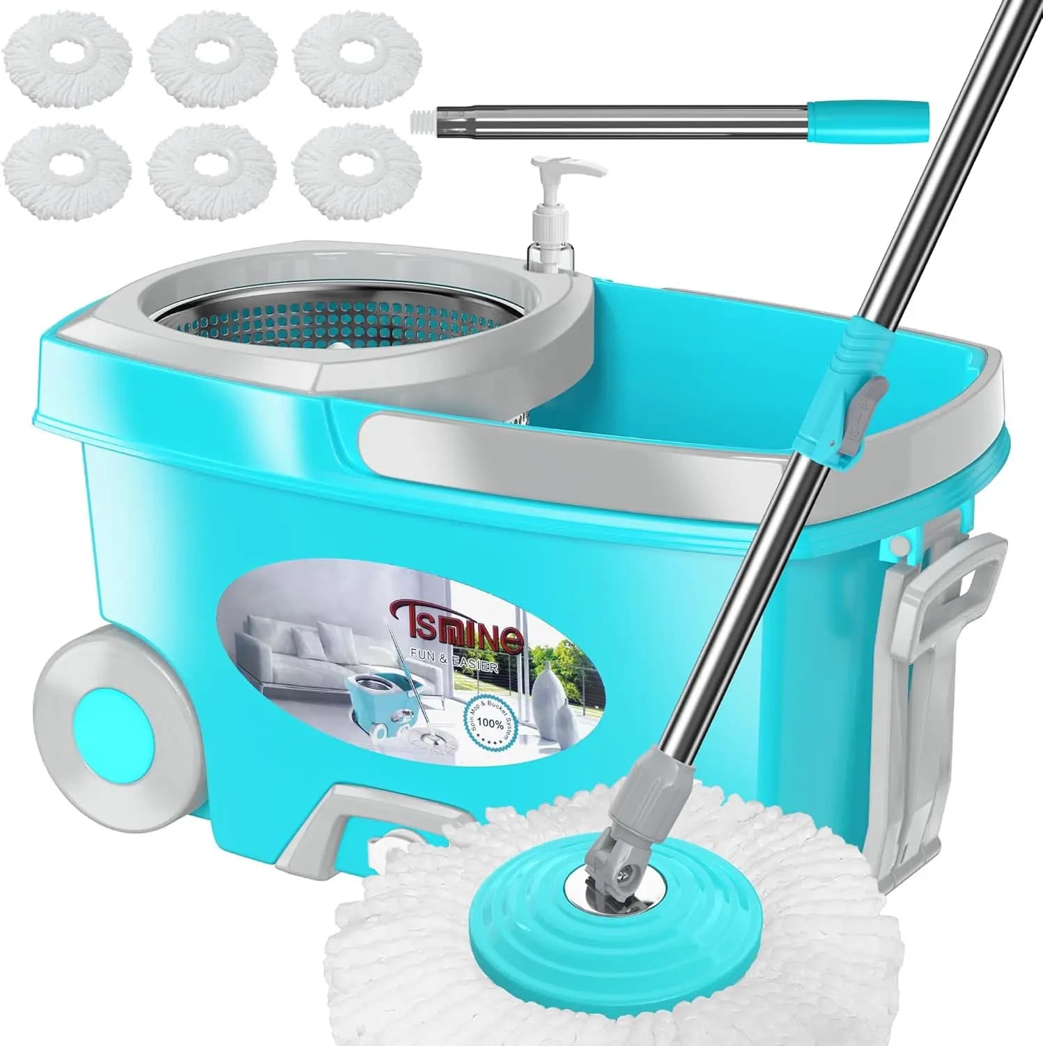 Set Bucket and Mop Swivel with Sprinkler, 360° Rotating Floor Cleaner, 6 Microfiber Heads, 155 cm Handle, Wheels - Blue