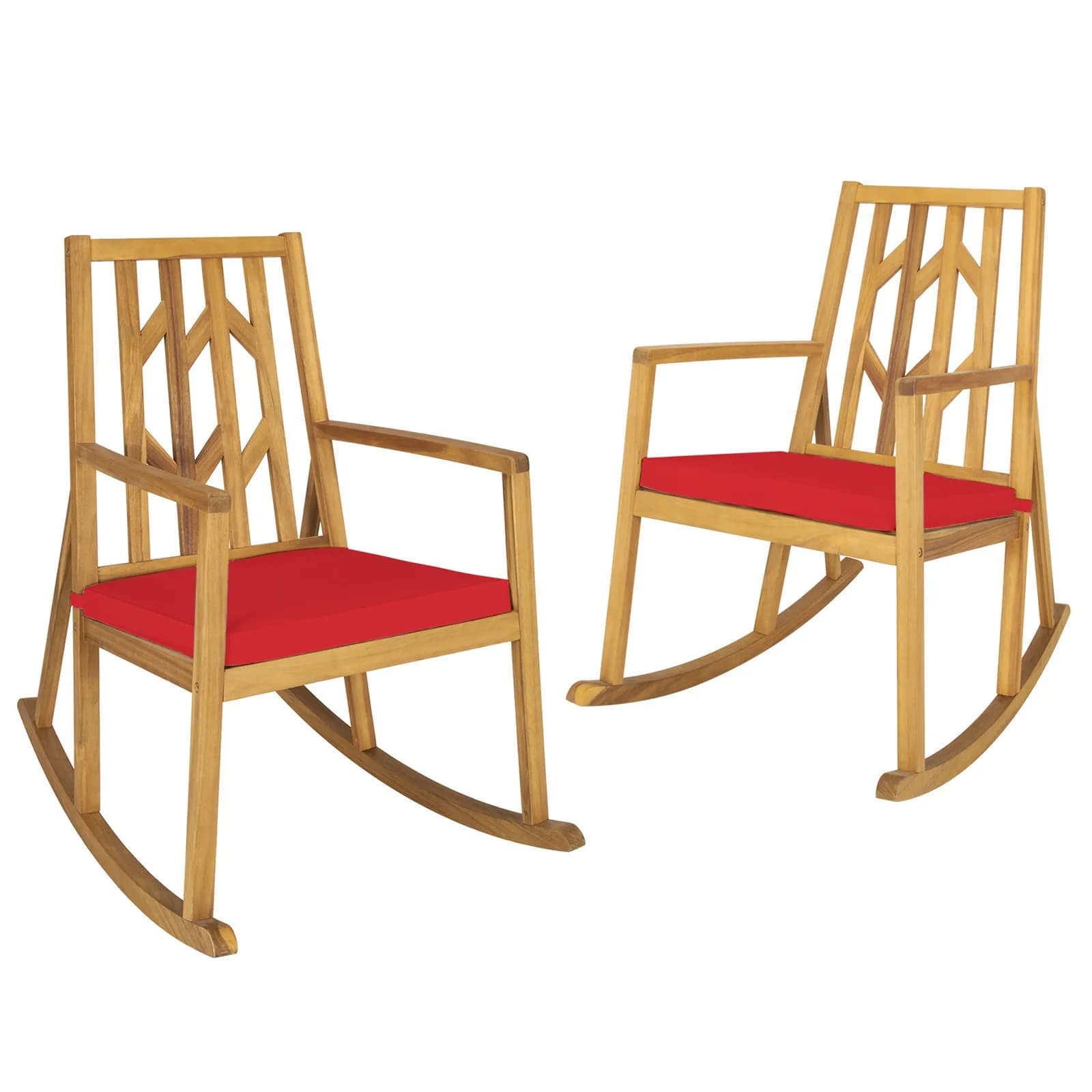 Set di 2 sedie a dondolo da esterno in legno di acacia con cuscino rosso